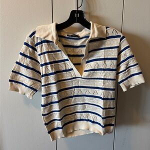 Zara Cream & Blue Striped Knit Polo Sweater